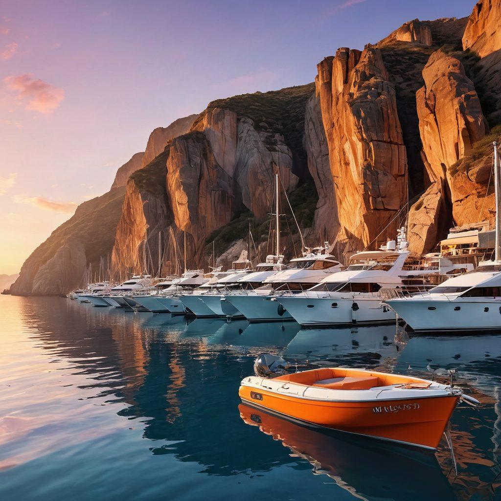 A serene marina at sunset, featuring luxurious yachts moored gently in tranquil blue waters, with a backdrop of rocky cliffs. Include visual elements like life jackets, navigational maps, and a glowing compass to symbolize safety and adventure. The sky is painted with warm oranges and purples, reflecting on the water. super-realistic. vibrant colors. peaceful ambiance.