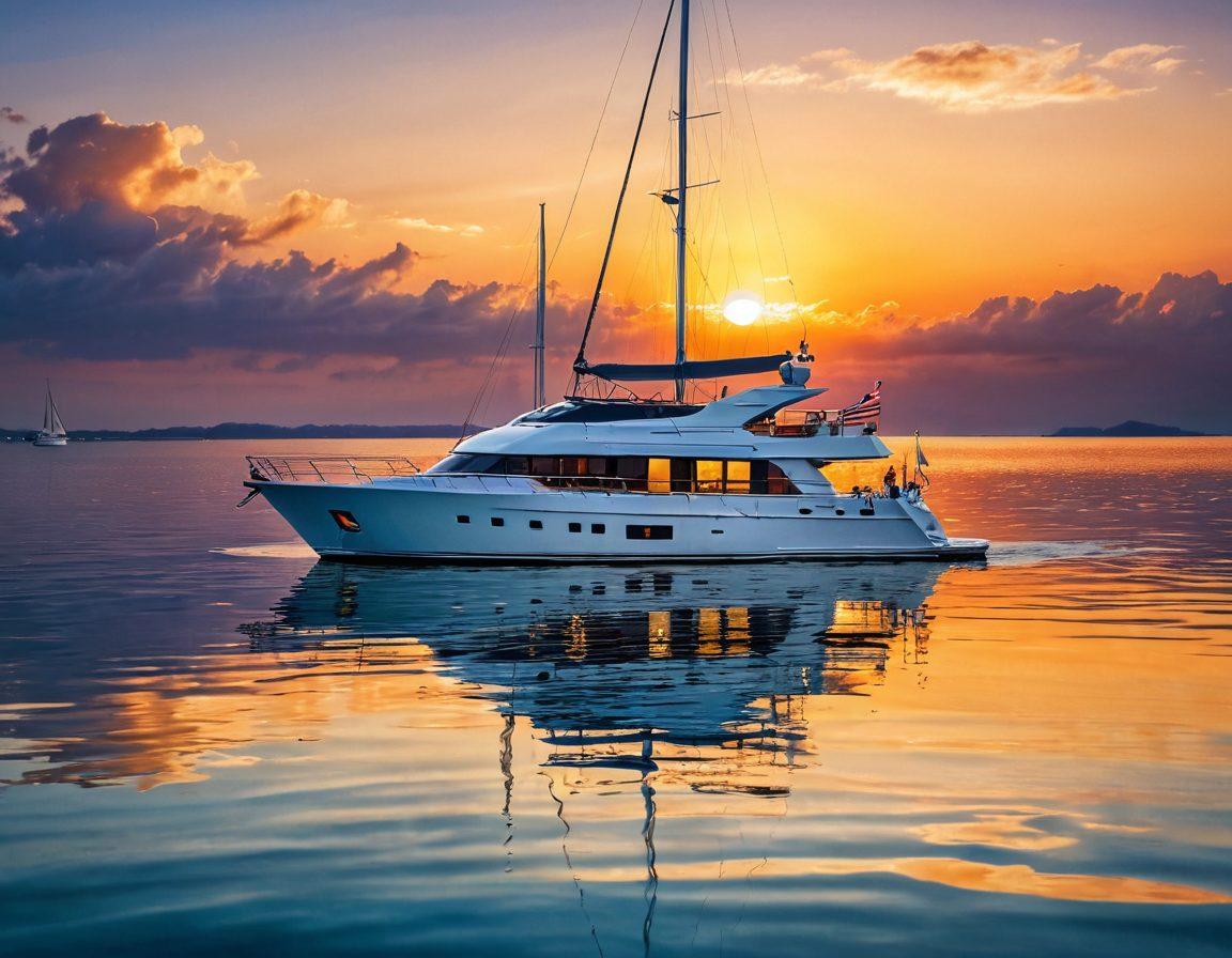 An elegant yacht navigating a calm sea, surrounded by symbols of protection like life rings and insurance papers floating gently on the water, while a vibrant sun sets in the background. Emphasize a sense of security and investment with glowing water reflections. super-realistic. vibrant colors. peaceful atmosphere.