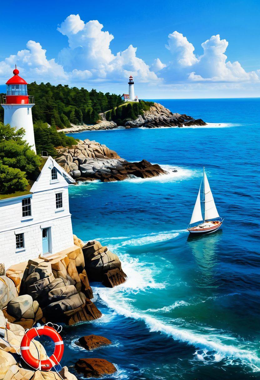 A serene ocean scene with a sailboat navigating calm waters, symbolizing safety and adventure. Include a lighthouse on a rocky shore in the background to represent guidance. Incorporate elements like a life buoy and nautical maps scattered nearby, adding to the theme of marine liability. The sky should be a vibrant blue with gentle waves. vibrant colors. super-realistic.